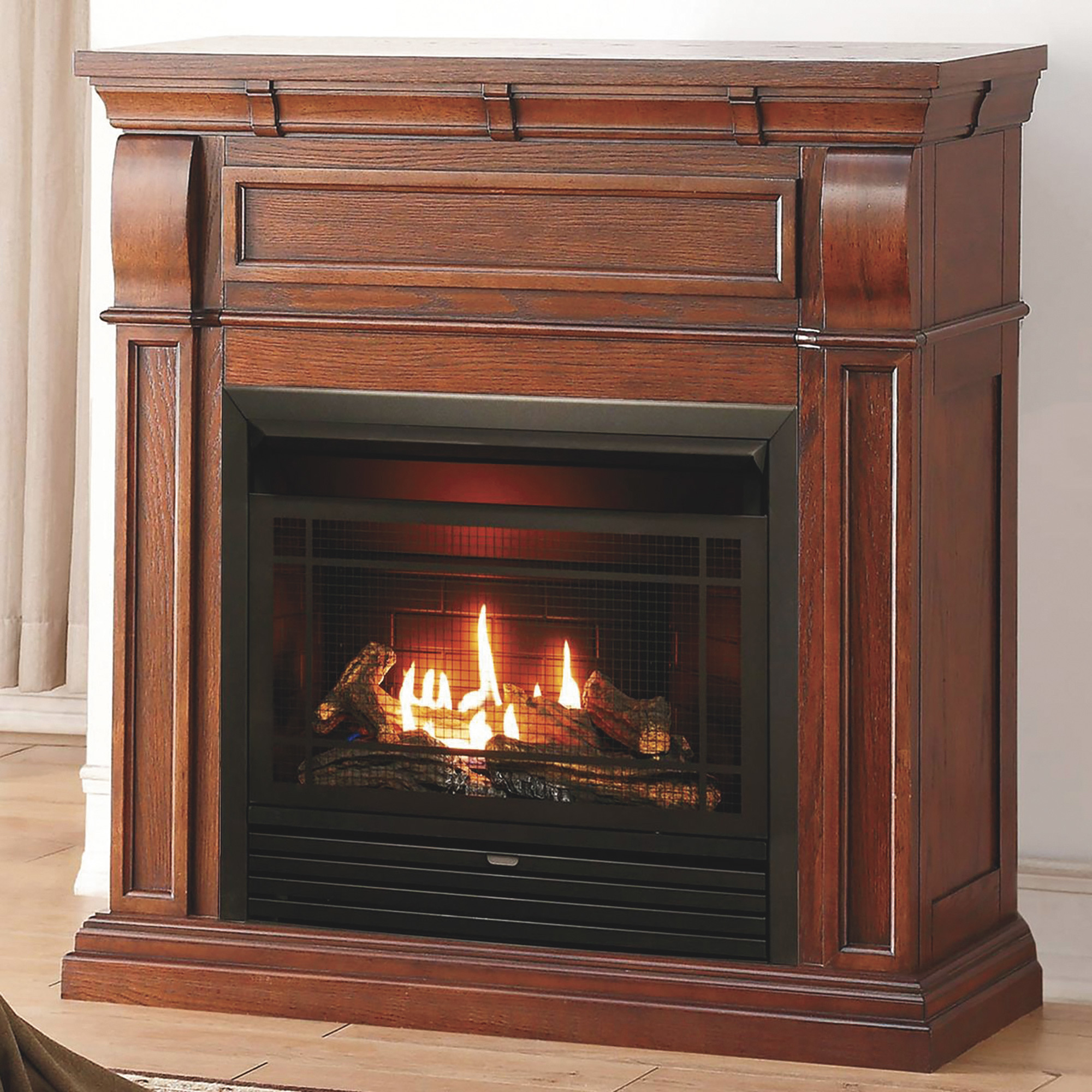 Bluegrass Living Vent-Free Dual Fuel Fireplace with Mantel, 26,000 BTU, Chestnut Oak Finish, Remote Control, Model# DFS-300R-1CO